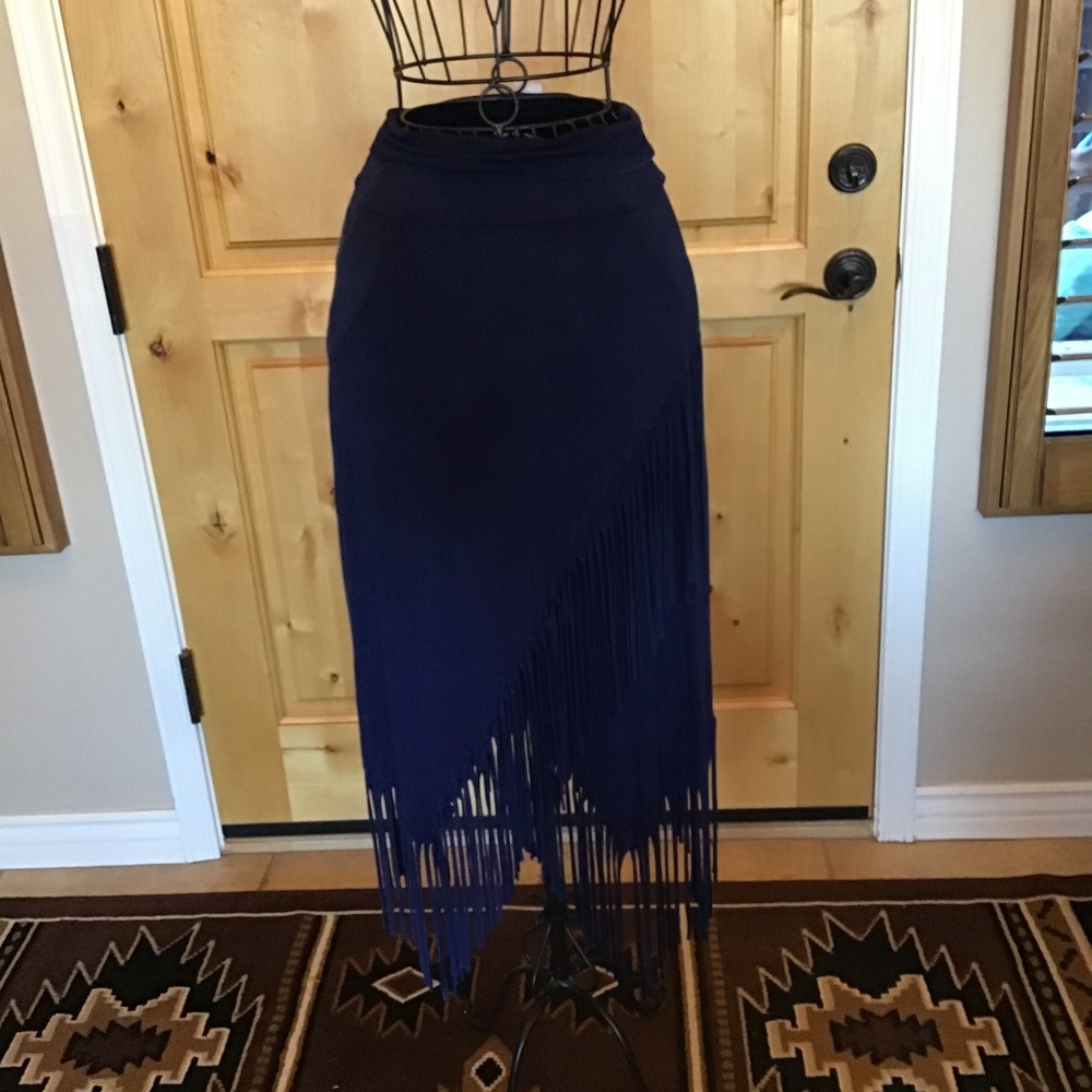 Rhonda Stark Asymmetrical Fringe Skirt - Navy
